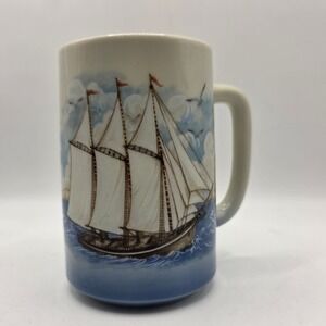 Vintage Otagiri Japan Nautical Sailing Ship Schooner Ceramic Coffee Mug Blue